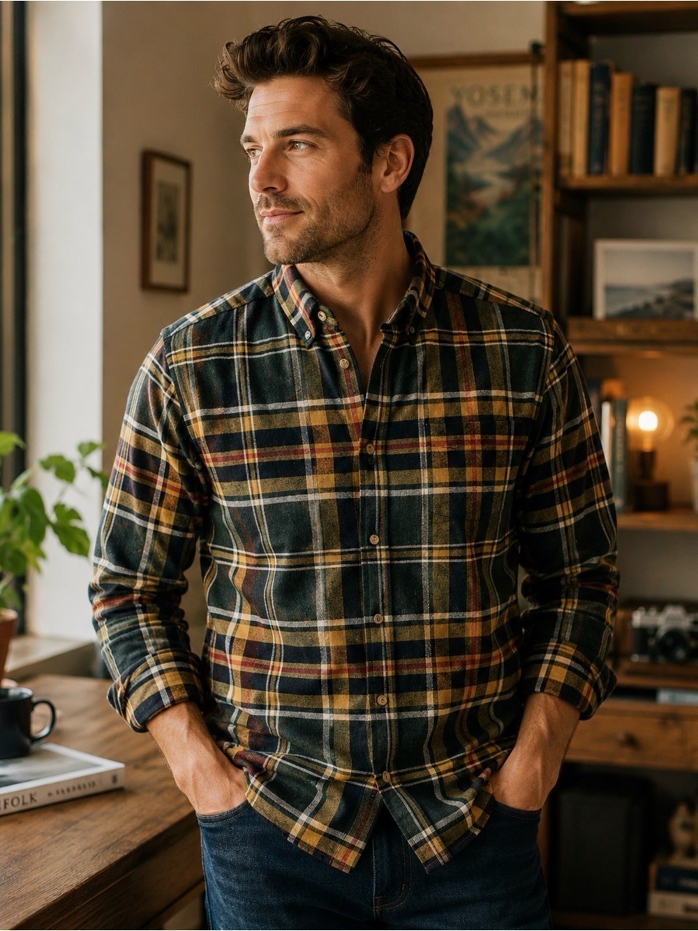 Men’s Weatherproof Vintage Plaid Flannel Shirt XL Gray Gold Burgundy Workwear